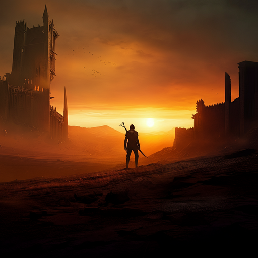 A Lone Figure Stands Against the Setting Sun, Hope Amidst Ruin