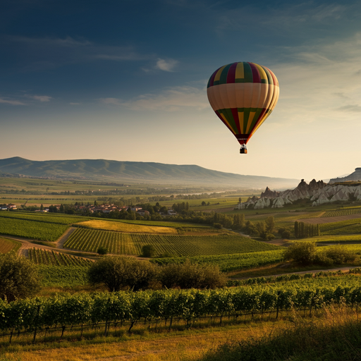 Sunset Serenity: Hot Air Balloon Soars Over Tranquil Vineyards