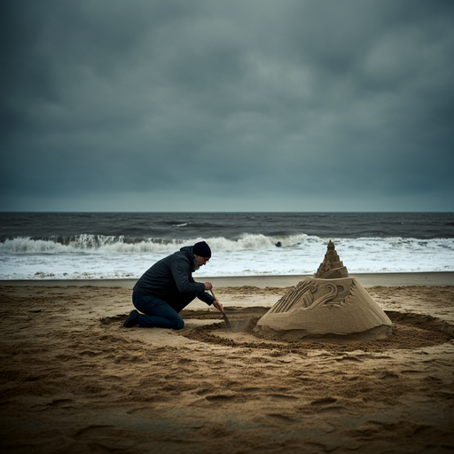 Solitude by the Sea: A Man Builds a Sandcastle Under an Overcast Sky