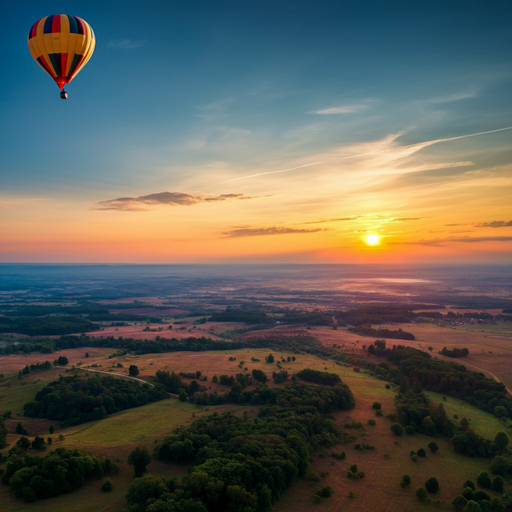 Sunrise Serenity: A Hot Air Balloon Soars Above Tranquil Landscapes