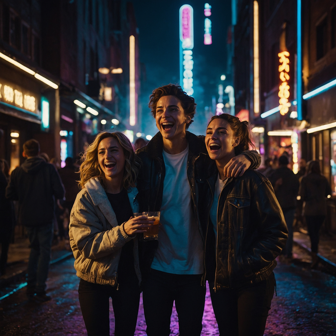 Neon Nights: Friends Embrace the City’s Buzz