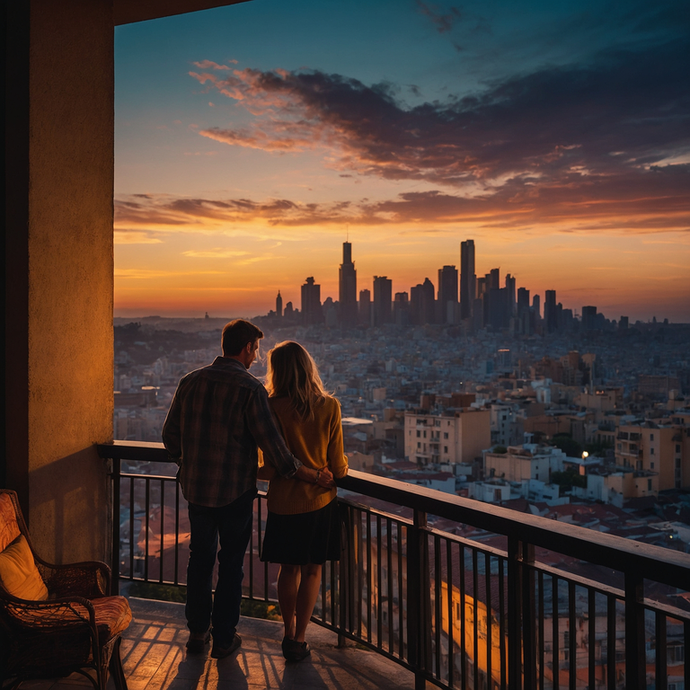 Silhouettes of Love Against the Sunset Cityscape