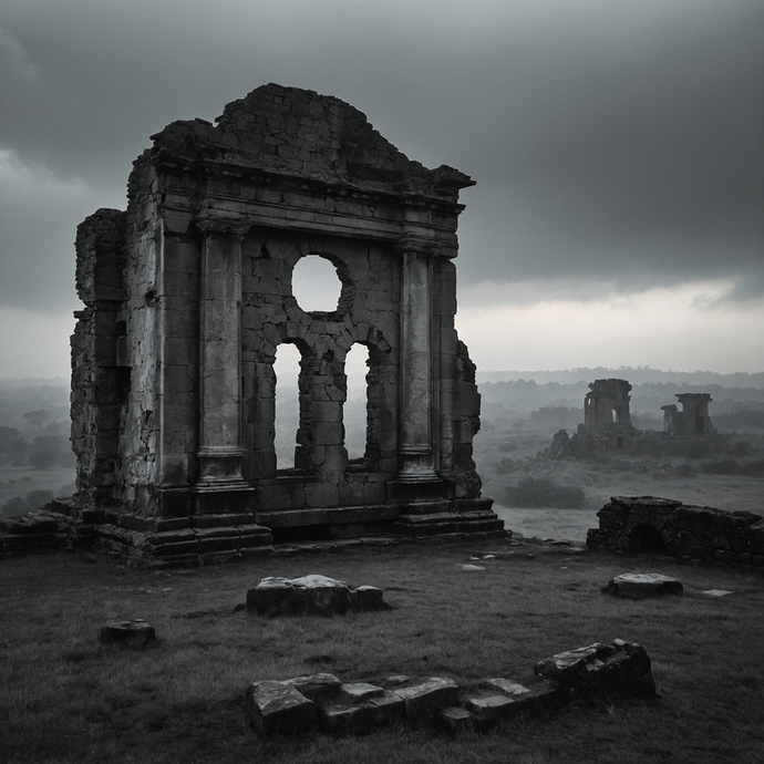 Whispers of Time: A Weathered Stone Building in a Hazy Past