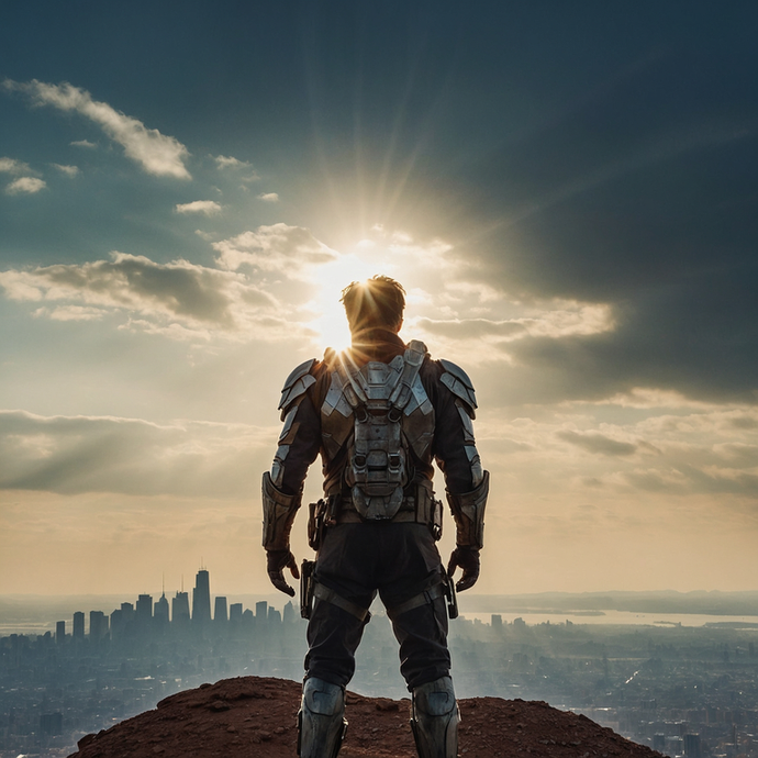 A Silhouette of Hope: Futuristic Warrior Surveys a City at Sunset