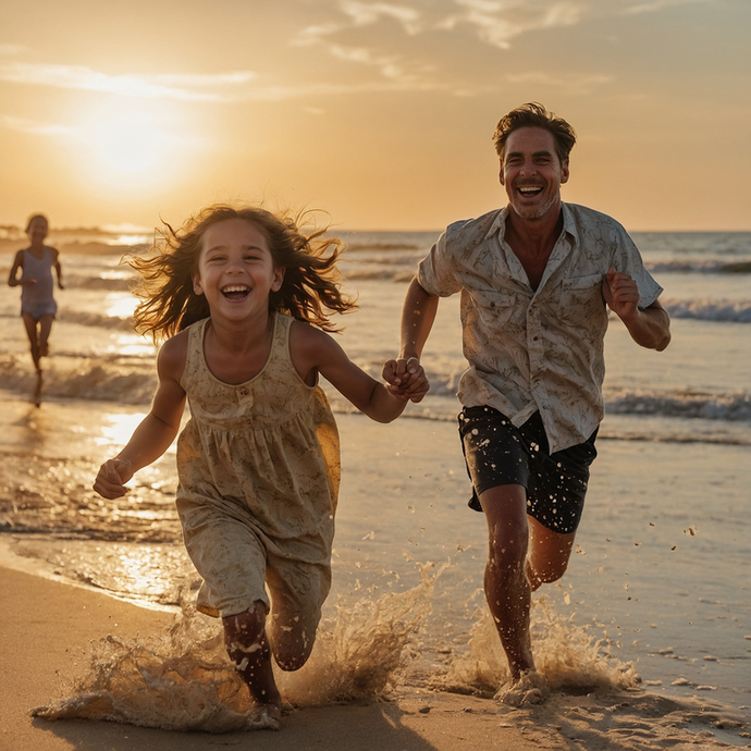 Sunset Smiles: A Father and Daughter’s Joyful Run on the Beach