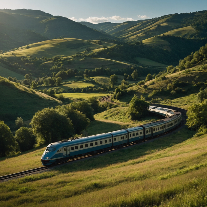 Sunset Serenity: A Train Journey Through Verdant Hills