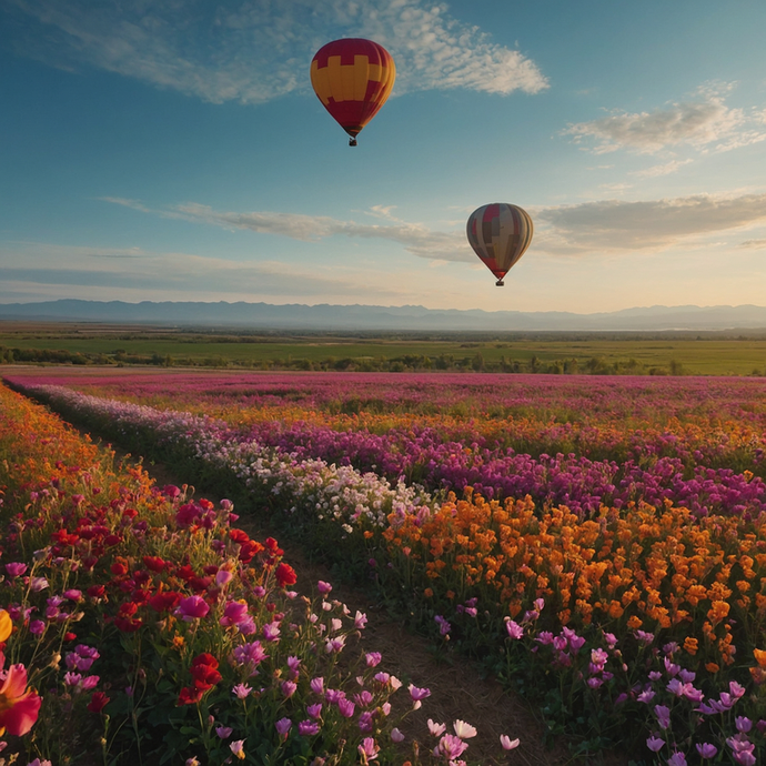 A Serene Symphony of Color: Hot Air Balloons Soar Over a Floral Paradise