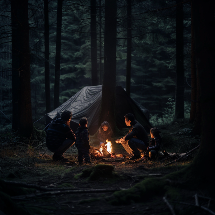 Firelight and Family: A Cozy Campsite in the Dark Forest