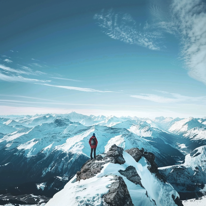 Awe-Inspiring Solitude: Hiker Finds Serenity on a Snowy Mountain Peak