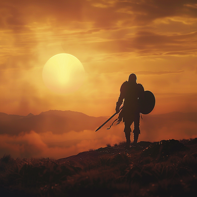 A Warrior’s Silhouette Against the Fiery Sunset