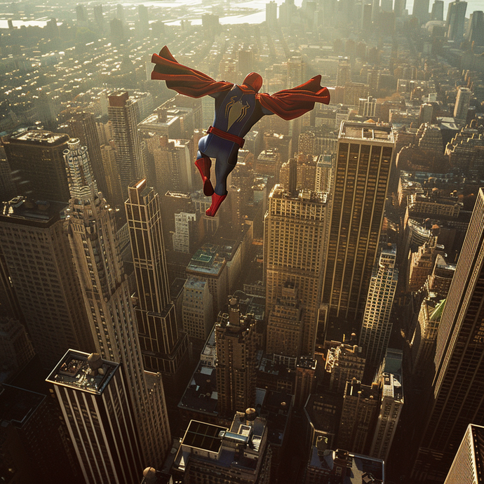 Soaring Above the City: A Superhero’s Dramatic Flight