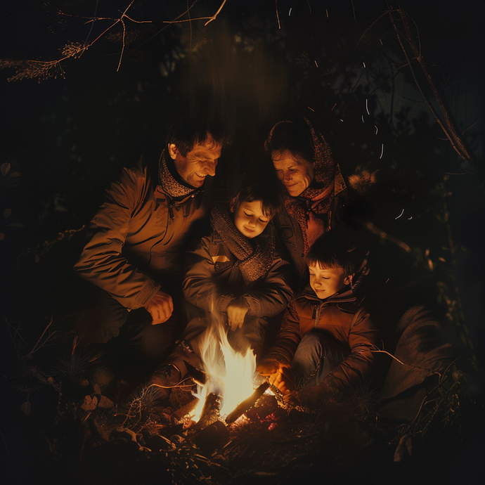 Campfire Glow: A Family’s Intimate Moment in the Dark Forest