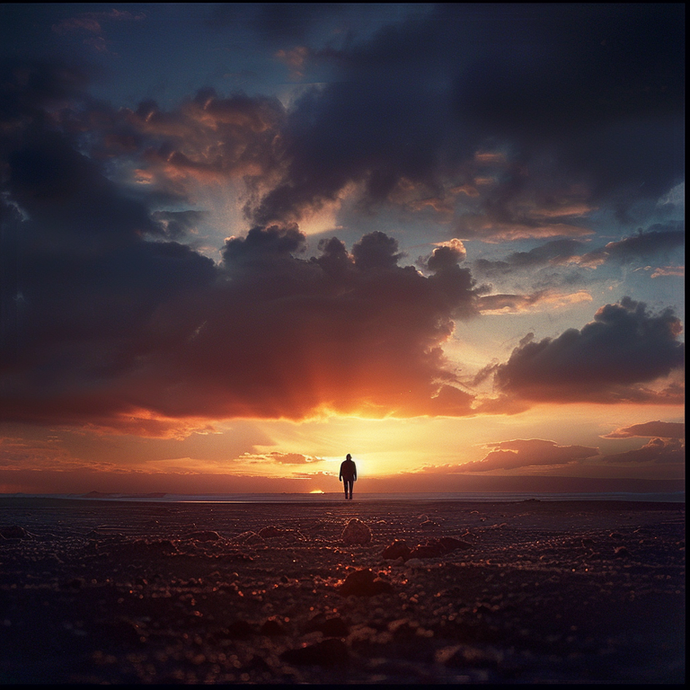 Silhouettes of Hope: A Solitary Figure Embraces the Sunset