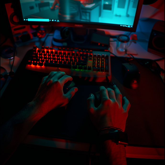 In the Zone: A Gamer’s Focus Under Red and Blue Light