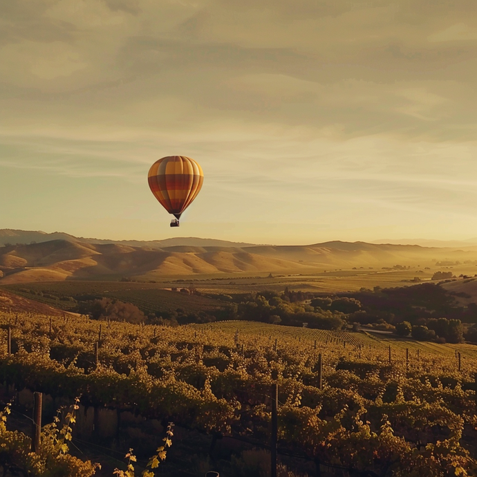 Golden Hour Serenity: A Hot Air Balloon Soars Above Tranquil Vineyards