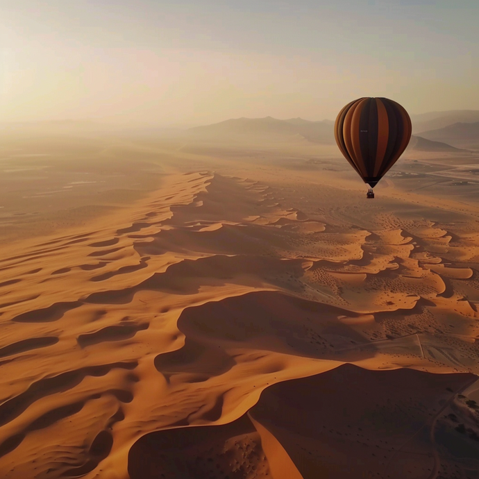 Sunrise Serenity: A Hot Air Balloon Soars Over the Desert