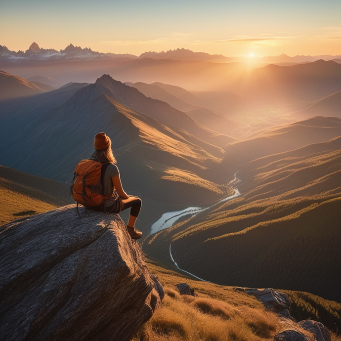 Golden Hour Serenity: A Hiker Finds Tranquility Amidst Majestic Peaks