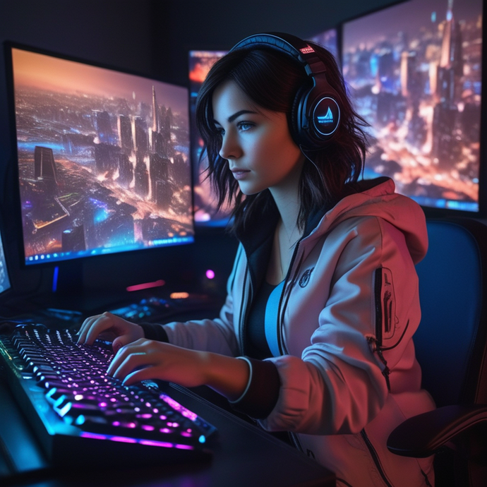 Neon City Nights: Gamer’s Focus Under the Digital Glow