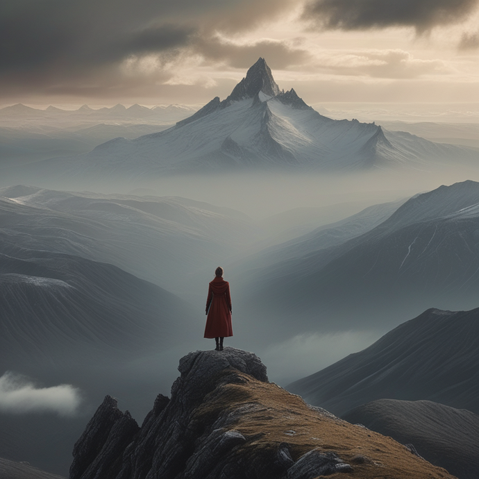 Solitude and Majesty: A Red Coat Against the Misty Peaks