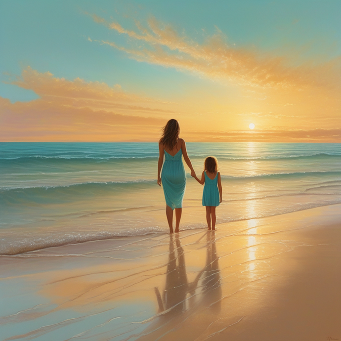 Sunset Serenity: A Mother and Daughter’s Beach Walk