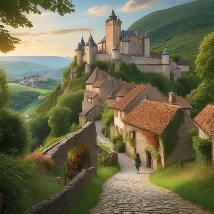 Golden Hour Serenity: A Village Nestled Beneath a Majestic Castle