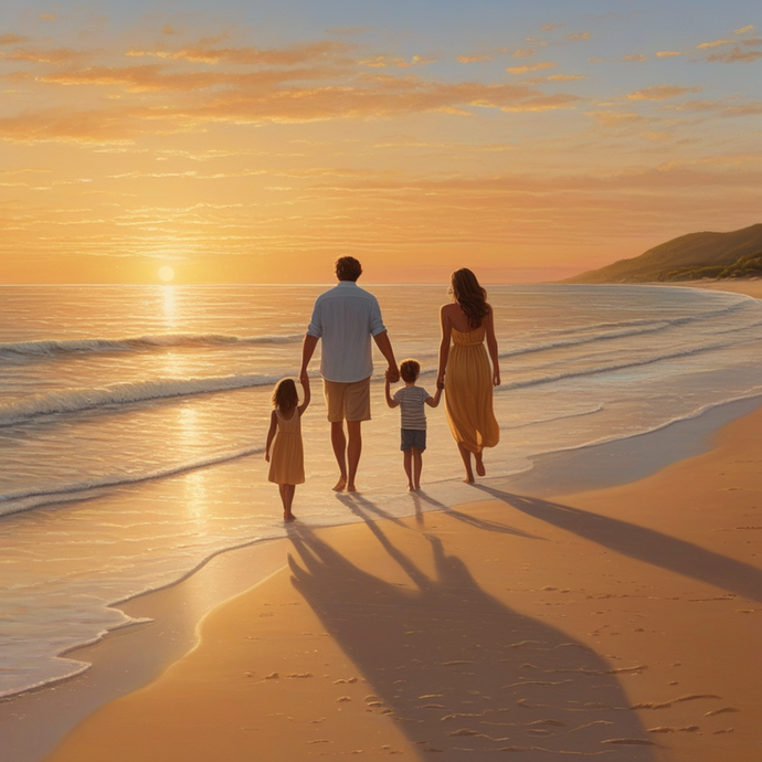 Sunset Serenity: A Family’s Silhouetted Walk