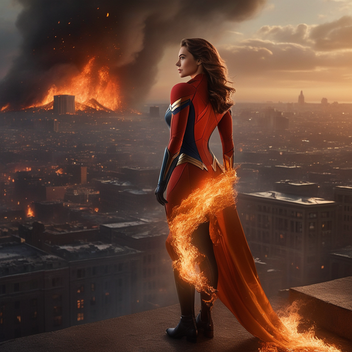 Hope Amidst the Flames: Superhero Stands Tall Over Burning City