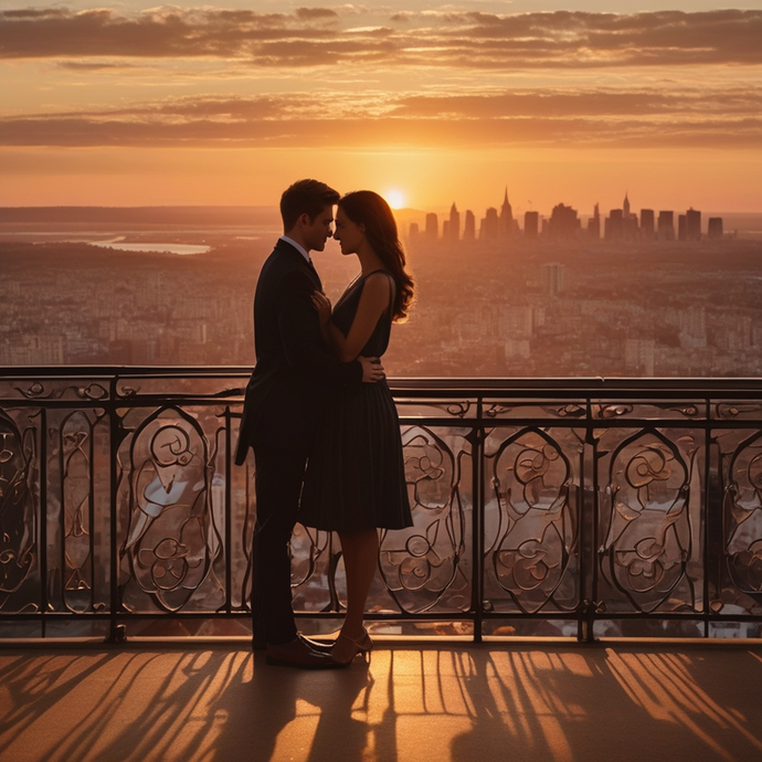 Silhouettes of Love Against a Cityscape Sunset