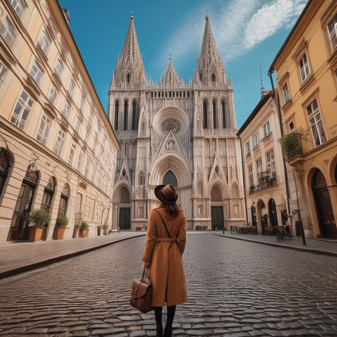 A Solitary Figure Walks Towards the Cathedral