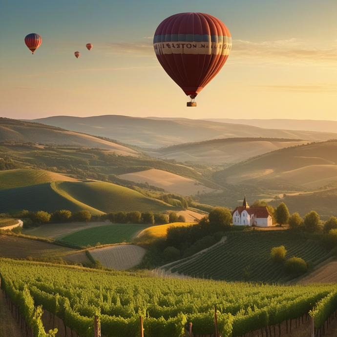 Golden Hour Serenity: A Hot Air Balloon Soars Over Tranquil Vineyards