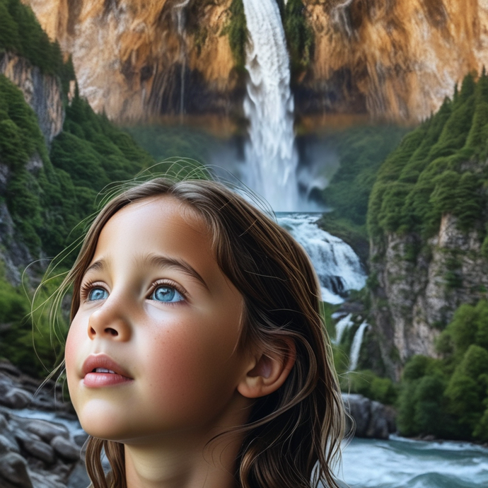 A Moment of Wonder: A Young Girl Gazes at a Majestic Waterfall