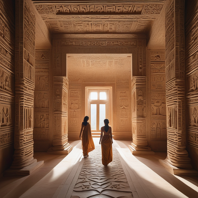 Mystical Beauty: Two Women Walk Through Sunlit Temple