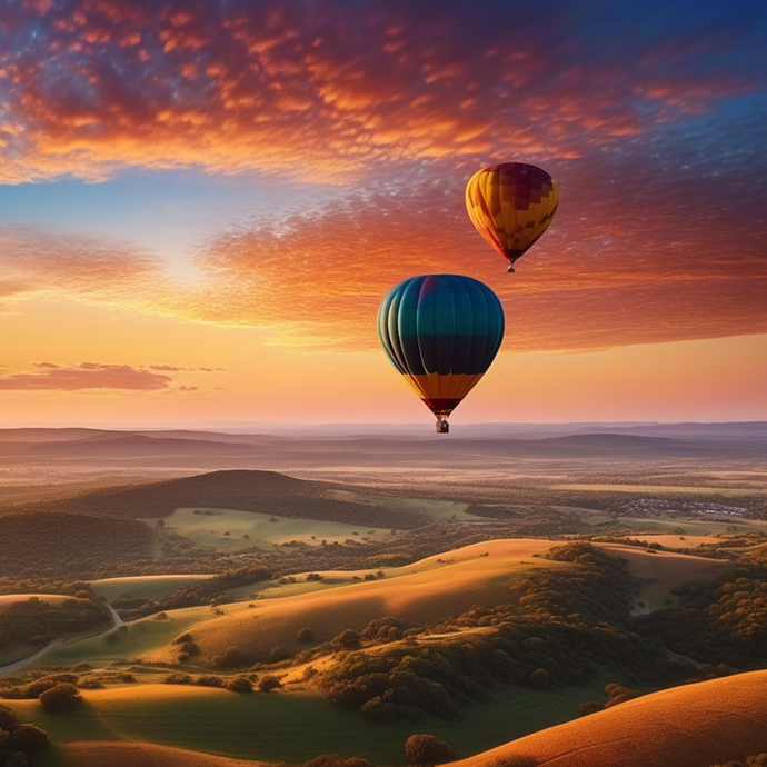 Sunset Serenity: Hot Air Balloons Glide Over Tranquil Hills