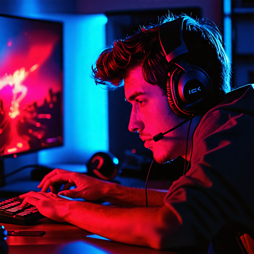 Lost in the Game: A Gamer’s Intense Focus Under Neon Lights