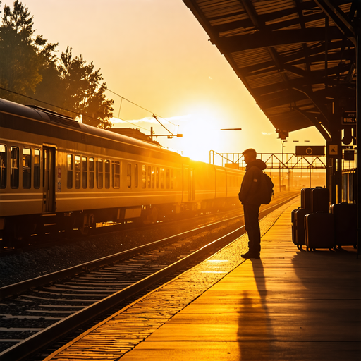 Golden Hour Solitude: A Man Awaits on the Empty Platform