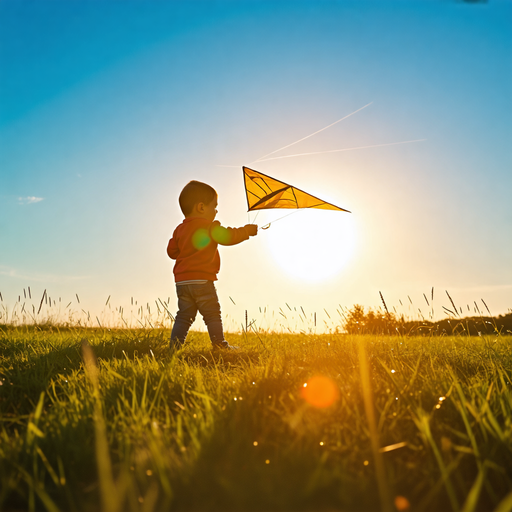 Silhouetted Joy: A Boy’s Kite Soars at Sunset