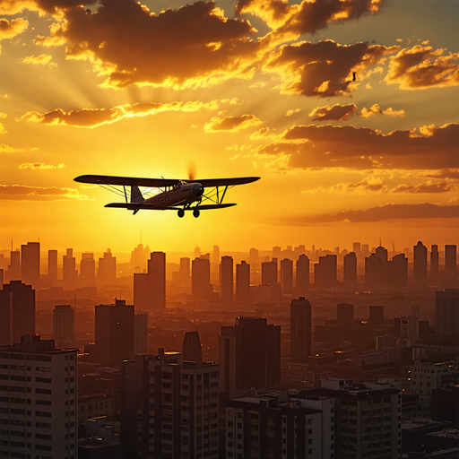 Vintage Biplane Soars Over City Skyline at Sunset