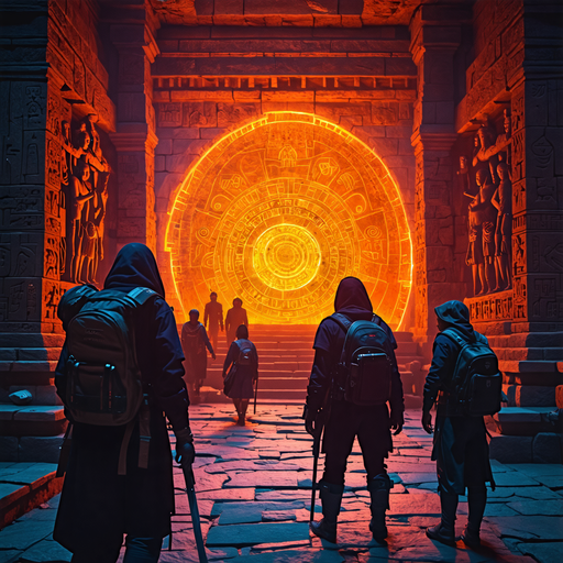 Mysterious Figures Journey Through Ancient Temple Towards Glowing Portal