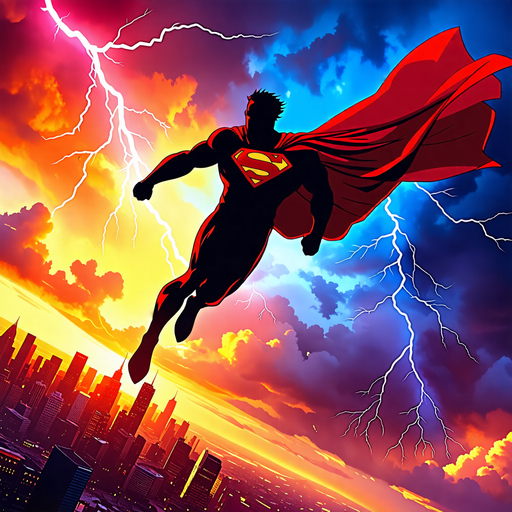 Superman Soars Above Cityscape in Dramatic Sunset