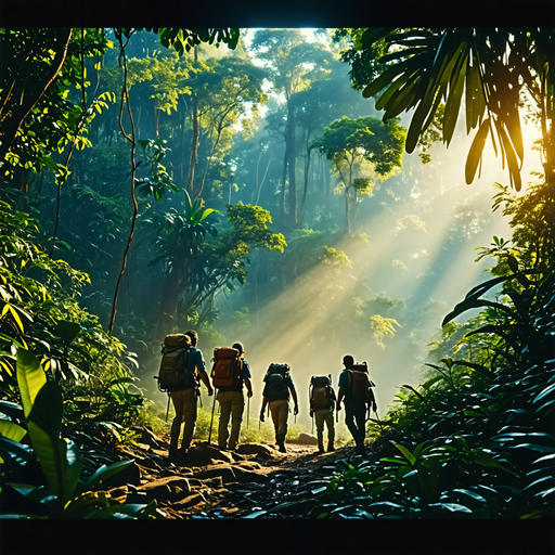 Sunbeams Guide Hikers Through Lush Jungle