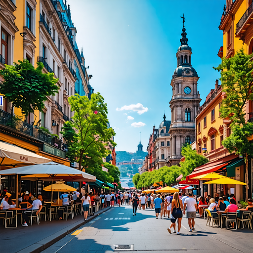 Charming European Street Scene with Towering Clock Face