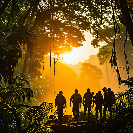 Silhouettes of Adventure: Hikers Embrace the Jungle Sunrise