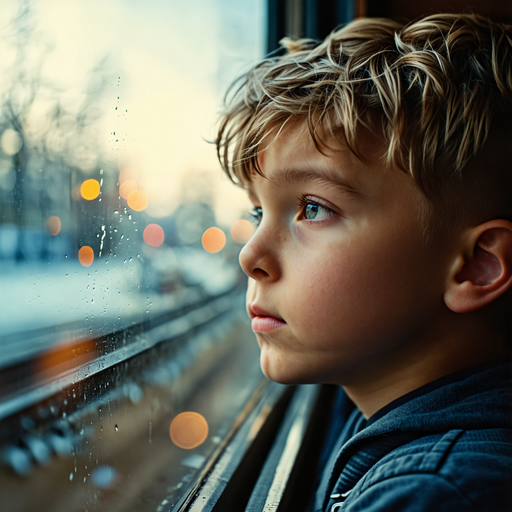 A Moment of Reflection: A Boy Gazes Out at the Blurring City