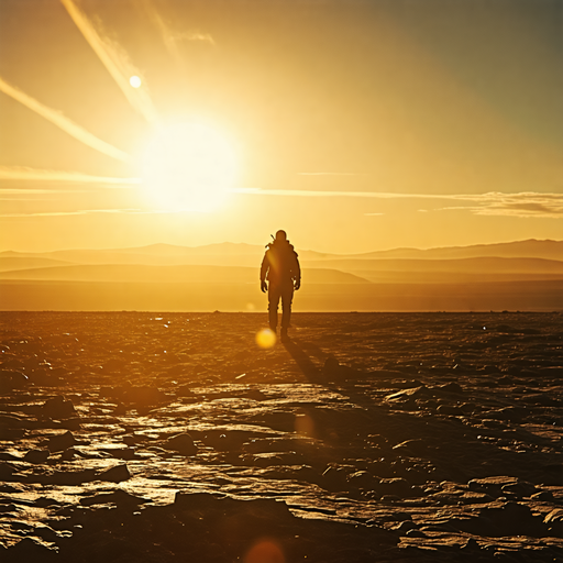 Silhouetted Hope: A Lone Figure Walks Towards the Setting Sun