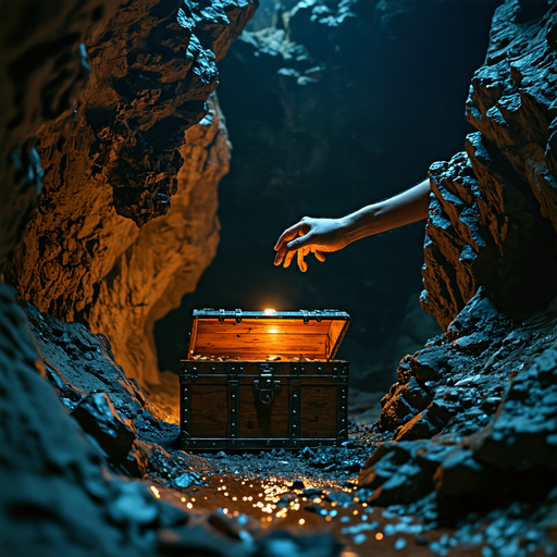 Mystery Unfolds: A Hand Reaches for the Illuminated Treasure in the Dark Cave