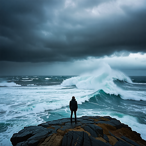 Lone Figure Faces the Stormy Sea