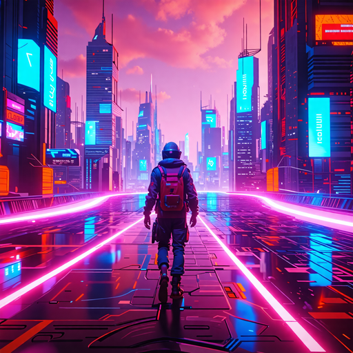 Solitude in Neon: A Lone Figure in a Futuristic Metropolis