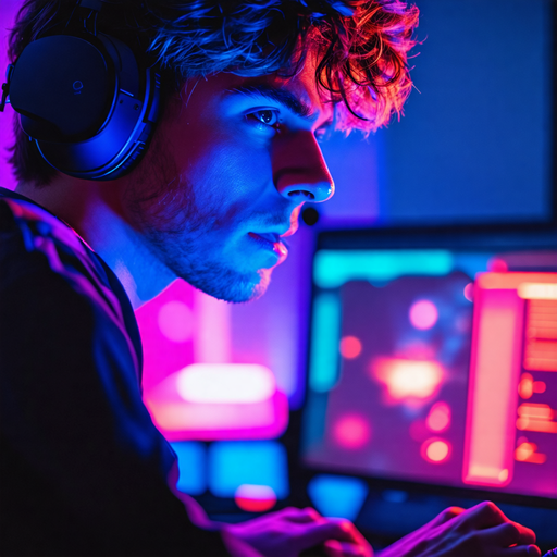 Lost in the Game: A Gamer’s Intense Focus Under Neon Lights