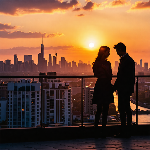 Silhouettes of Love Against a Sunset Cityscape