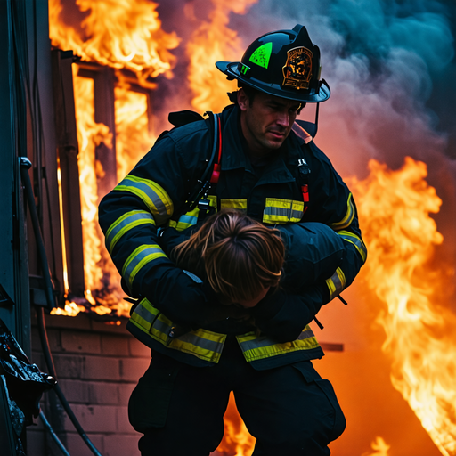 Heroic Silhouette: Firefighter Rescues Unconscious Person from Burning Building